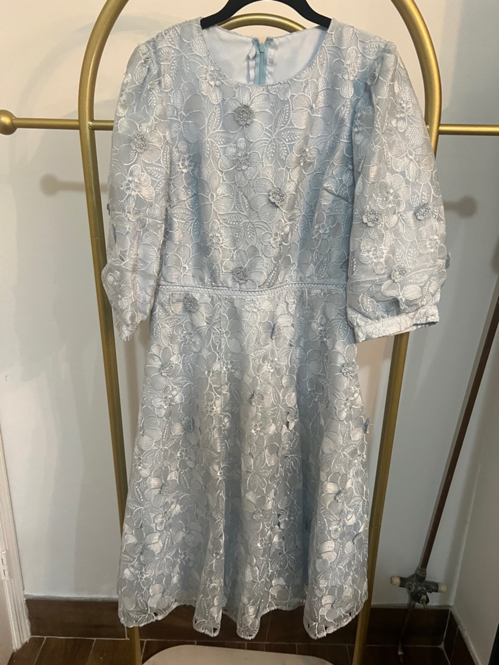 Light Blue Floral Lace A-Line Dress
